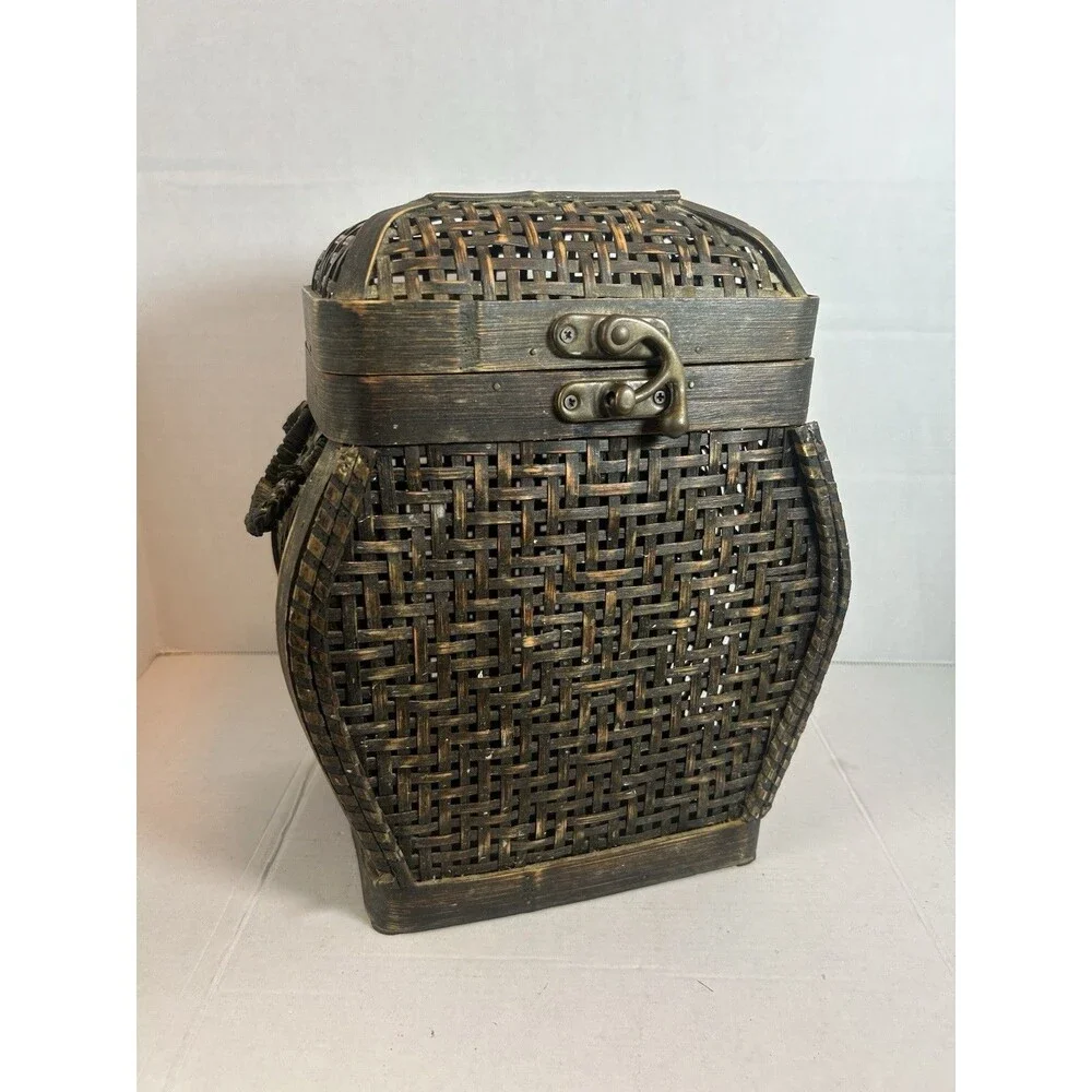 Vintage Woven Wood Basket Box Latch Lid Rustic Decor Storage 11” Tall